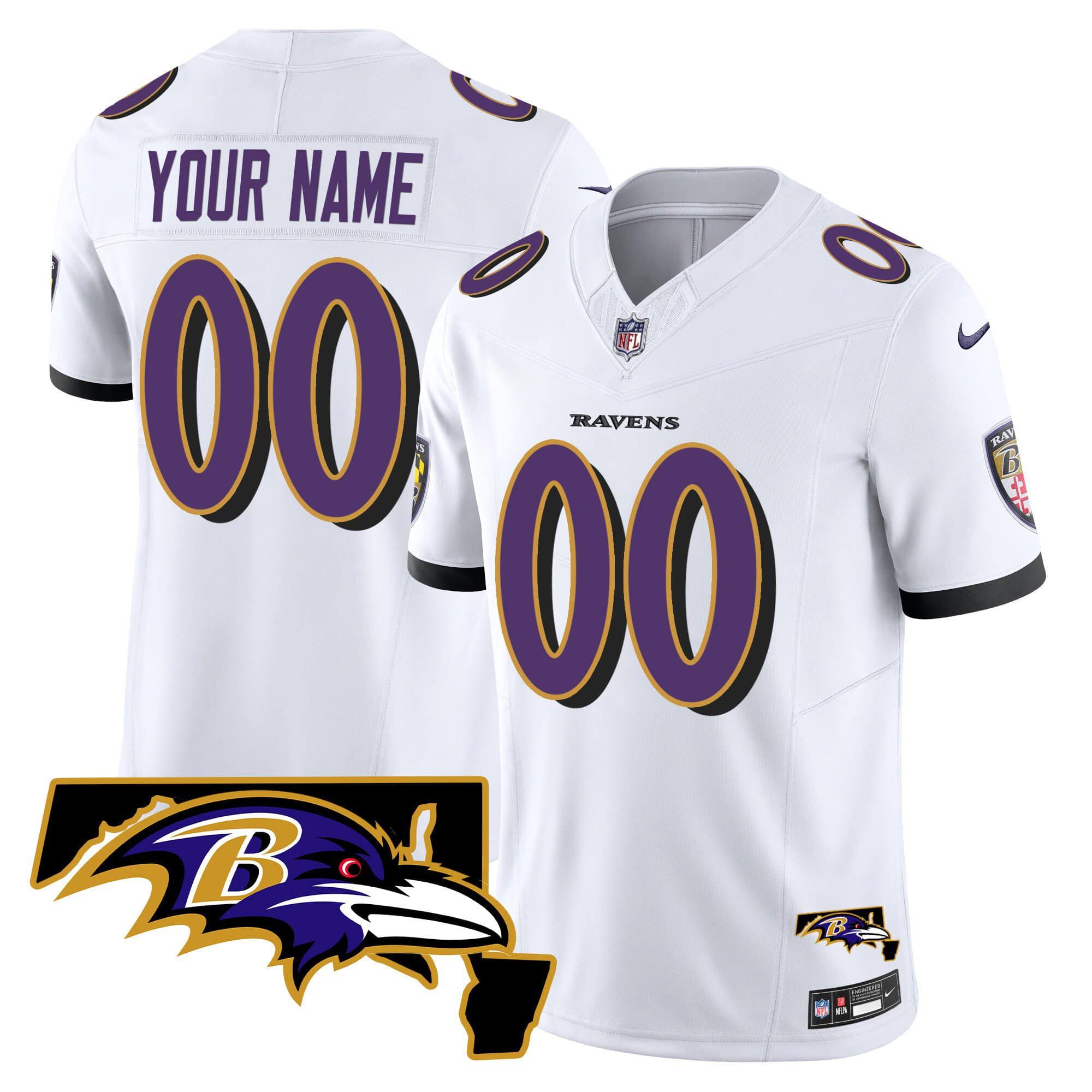 Men Baltimore Ravens White 2024 Nike Maryland Patch Vapor Limited Custom NFL Jersey